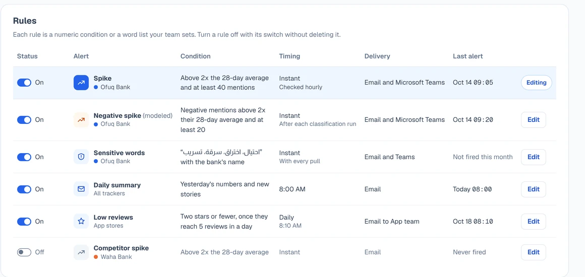 Alert rules: spike, negative spike, sensitive words, daily summary and low reviews, with timing and delivery