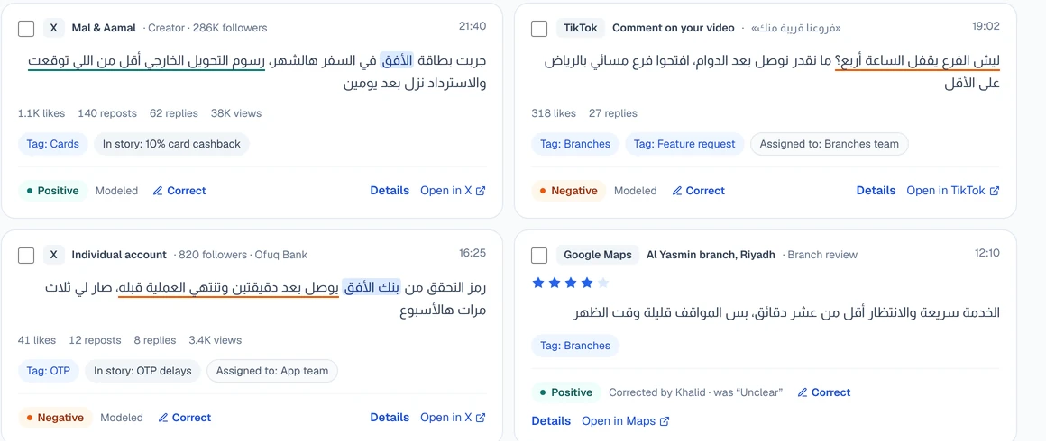 Mention cards in Arabic with the AI label, the evidence underlined, and one label corrected by a team member